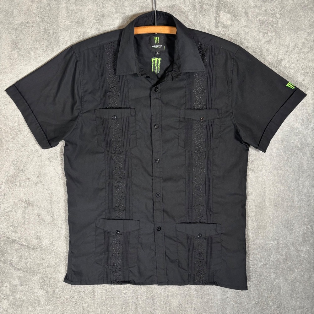 Monster Energy Mens Black Guayabera Short Sleeve Button Up Shirt Logo Large Moto